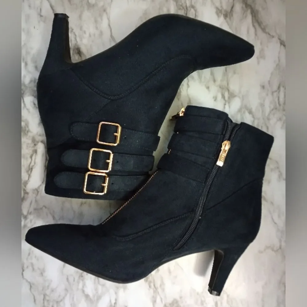 IDIFU Navy Blue Ankle Boots With Buckles Zip Closure Skinny Heel Size 10